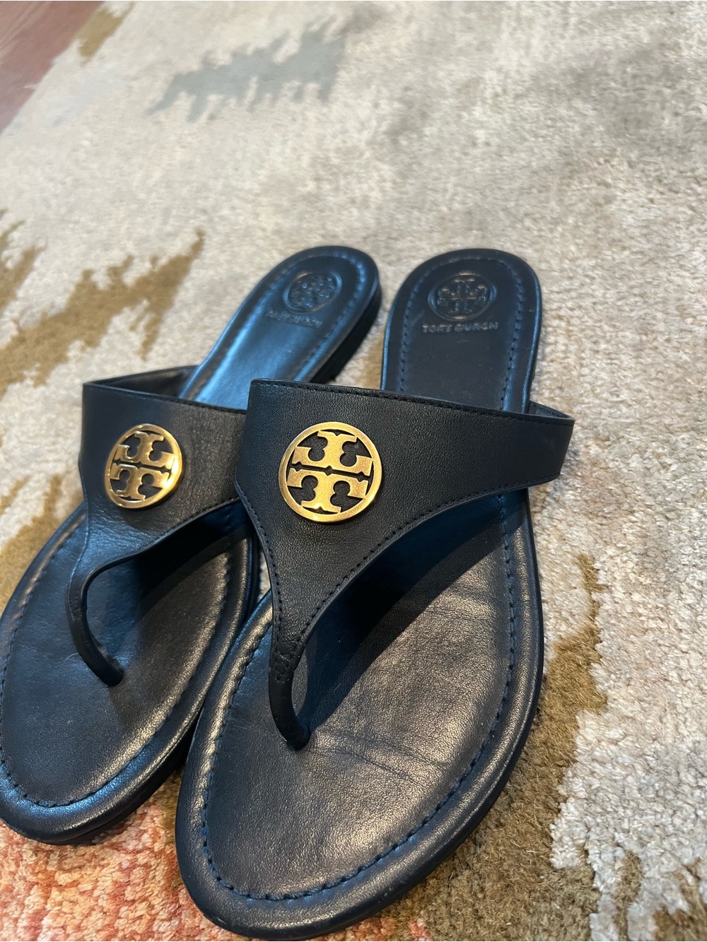 Tory Burch Navy Leather Miller Thong Sandals with Gold Logo Size 8